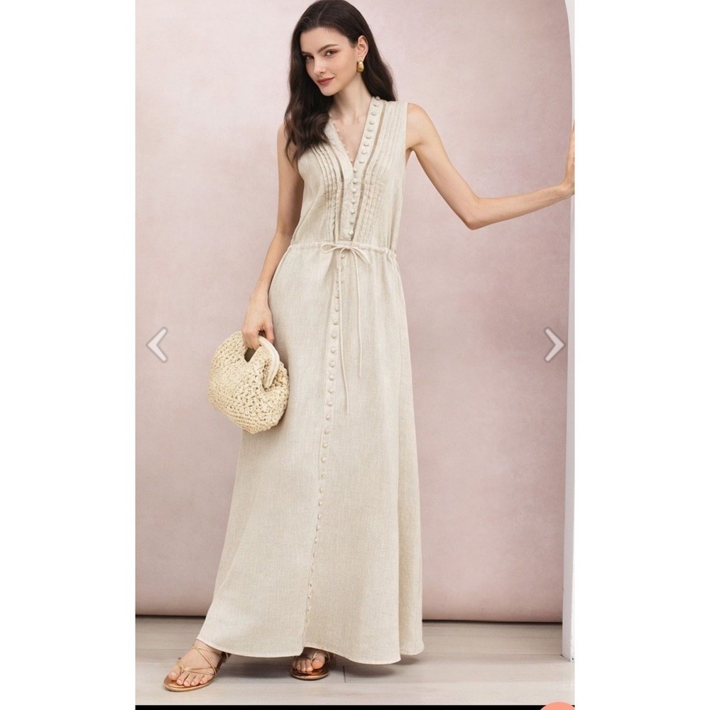 Chicwish Sleeveless Button Front Dress M/L Linen Cotton Blend Oatmeal Tie Waist
